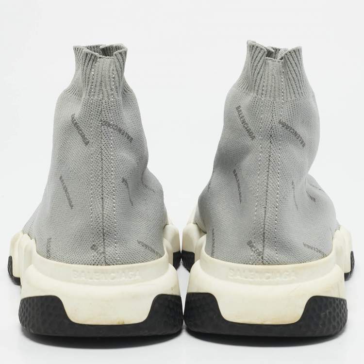Pre Owned Balenciaga Light Grey Knit Fabric Allover Logo Speed Trainer Slip On Sneakers Size 42