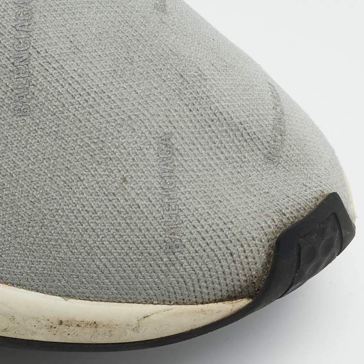 Pre Owned Balenciaga Light Grey Knit Fabric Allover Logo Speed Trainer Slip On Sneakers Size 42