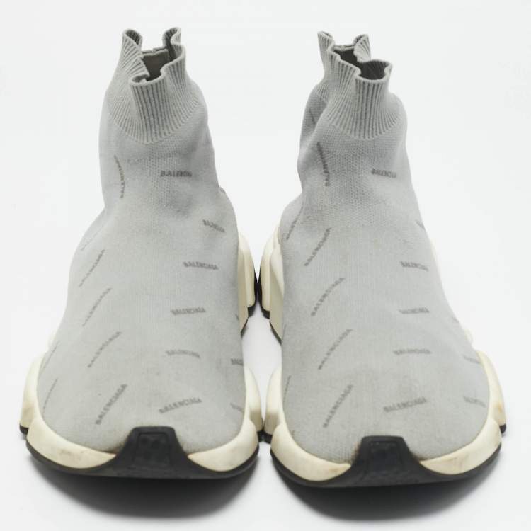 Pre Owned Balenciaga Light Grey Knit Fabric Allover Logo Speed Trainer Slip On Sneakers Size 42