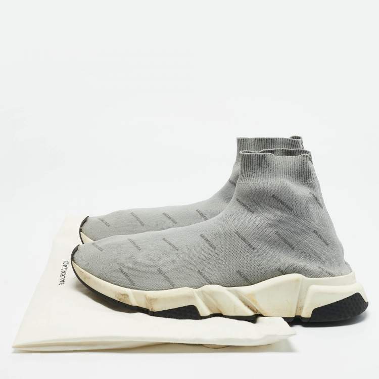 Pre Owned Balenciaga Light Grey Knit Fabric Allover Logo Speed Trainer Slip On Sneakers Size 42
