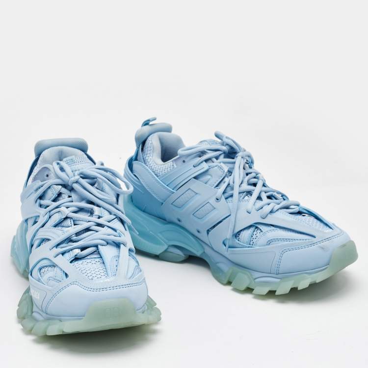 Pre Owned Balenciaga Light Blue Mesh and Faux Leather Track Sneakers Size 42