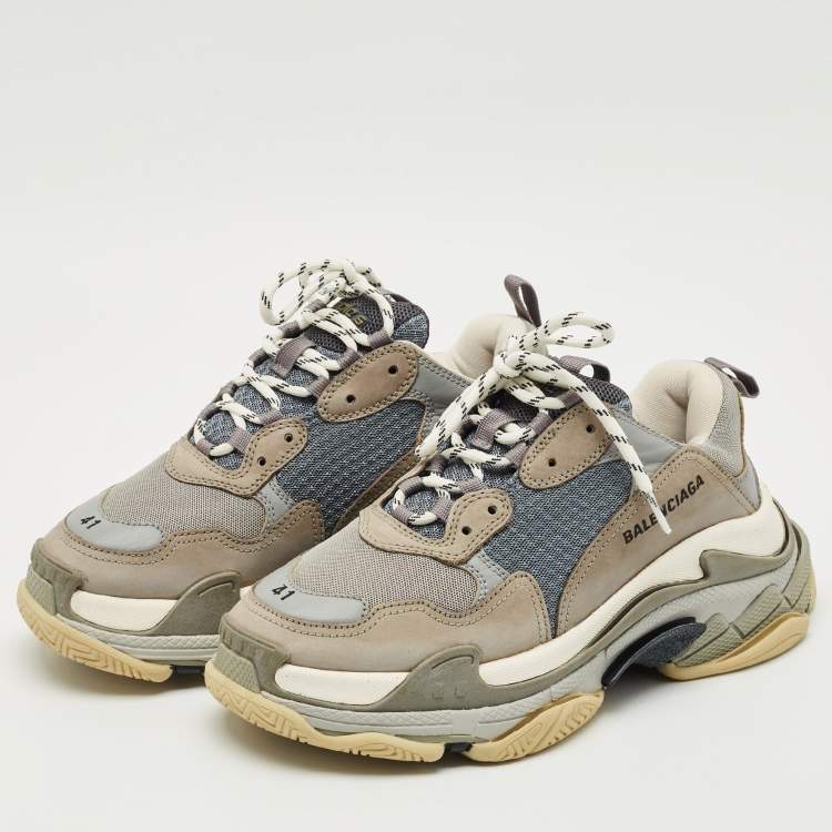 Pre Owned Balenciaga Grey/Blue Mesh and Nubuck Leather Triple S Sneakers Size 41