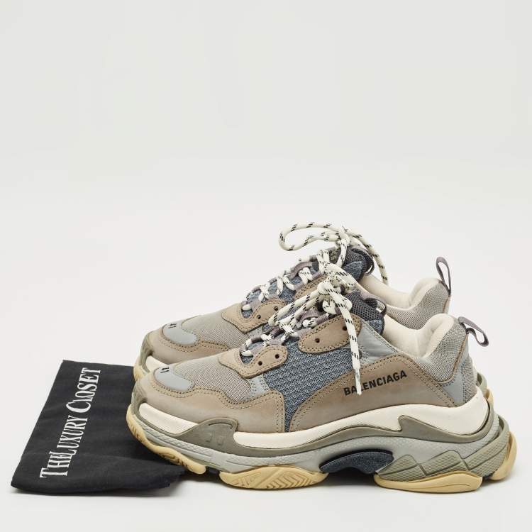 Pre Owned Balenciaga Grey/Blue Mesh and Nubuck Leather Triple S Sneakers Size 41