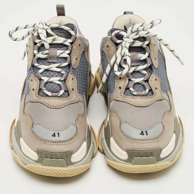 Pre Owned Balenciaga Grey/Blue Mesh and Nubuck Leather Triple S Sneakers Size 41