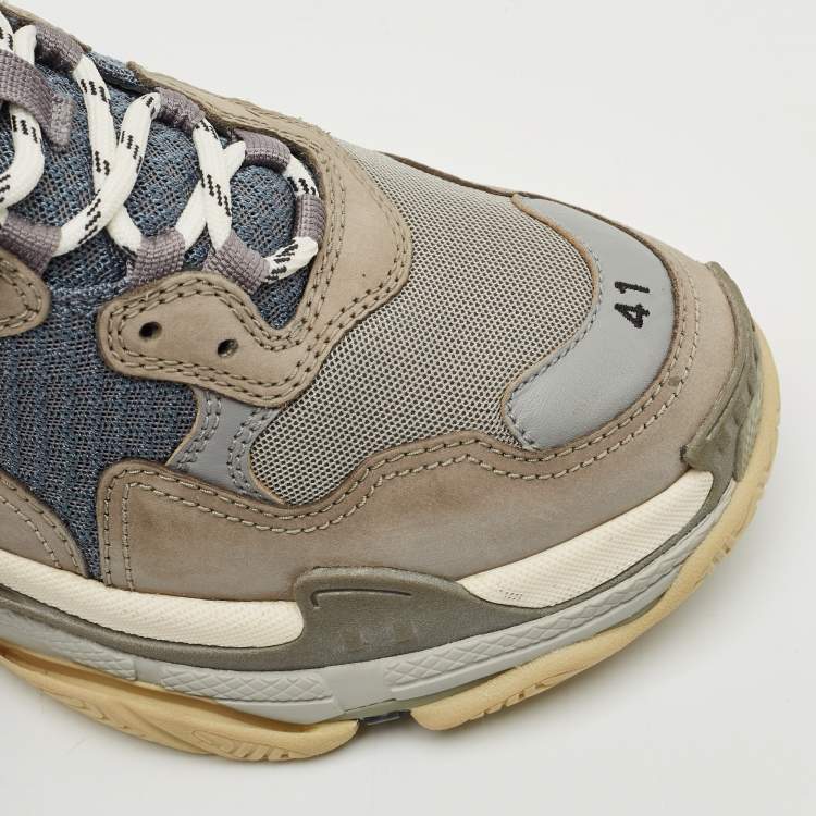 Pre Owned Balenciaga Grey/Blue Mesh and Nubuck Leather Triple S Sneakers Size 41