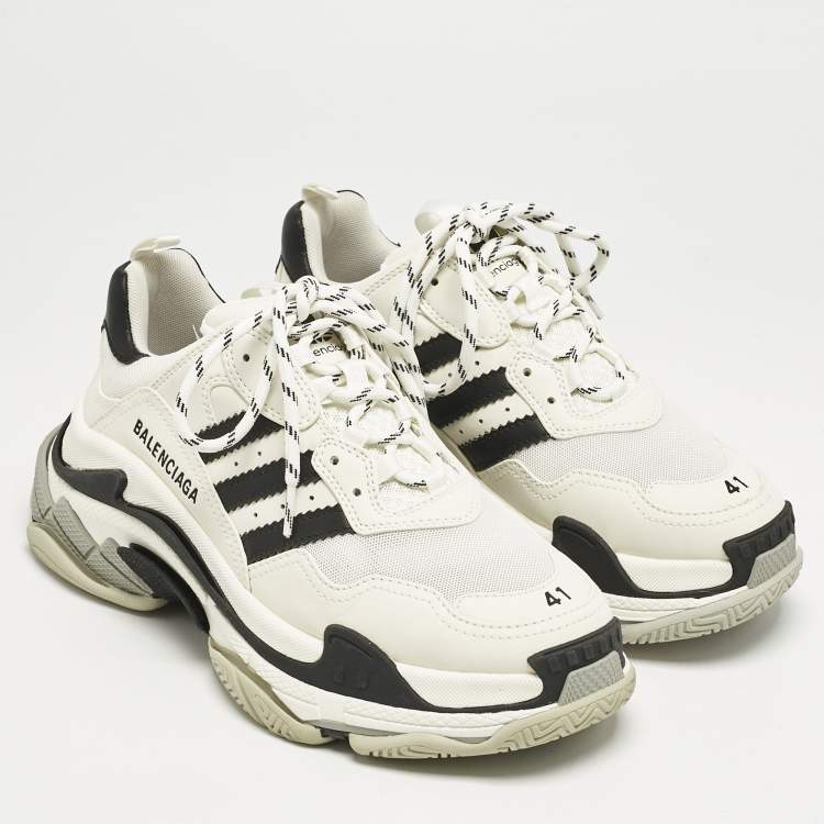 Pre Owned Balenciaga x Adidas White/Black Faux Leather and Mesh Triple S Sneakers Size 41