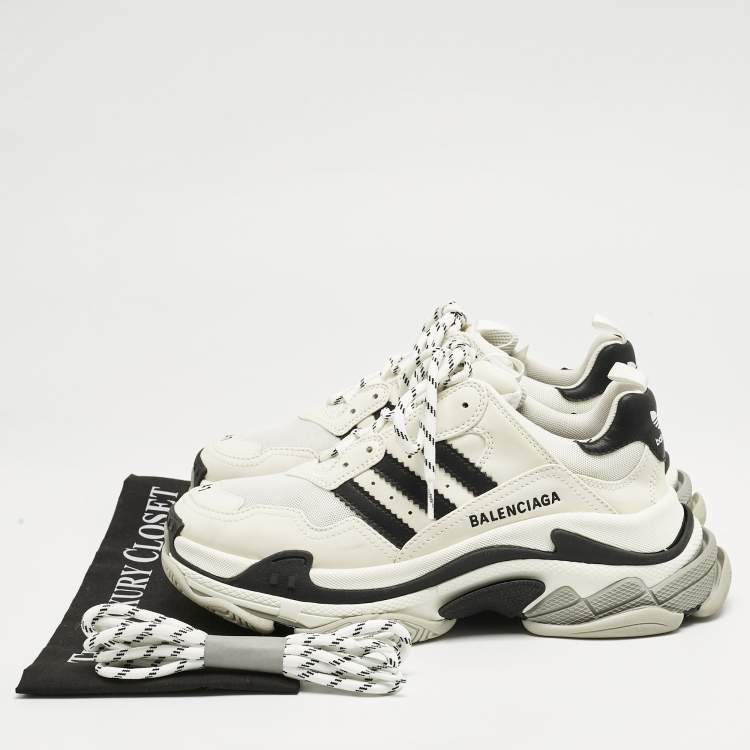 Pre Owned Balenciaga x Adidas White/Black Faux Leather and Mesh Triple S Sneakers Size 41