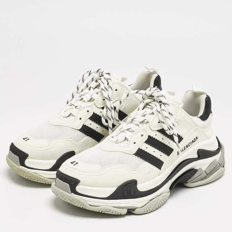 Pre Owned Balenciaga x Adidas White/Black Faux Leather and Mesh Triple S Sneakers Size 41