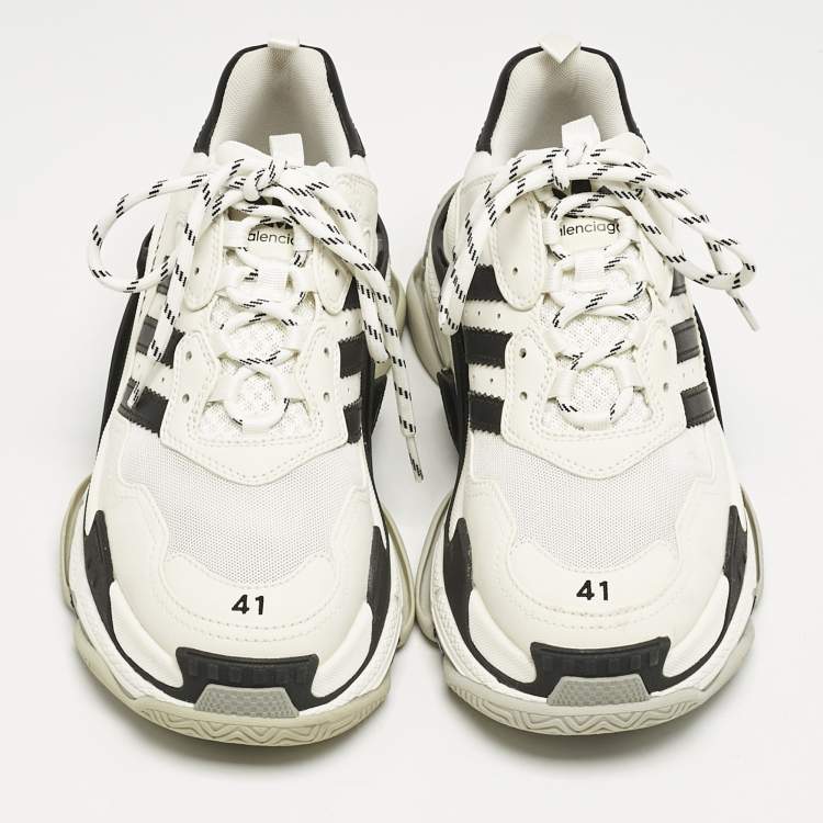 Pre Owned Balenciaga x Adidas White/Black Faux Leather and Mesh Triple S Sneakers Size 41