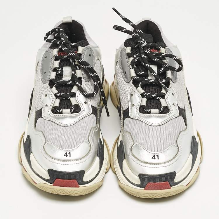 Pre Owned Balenciaga Silver Leather and Mesh Triple S Sneakers Size 41