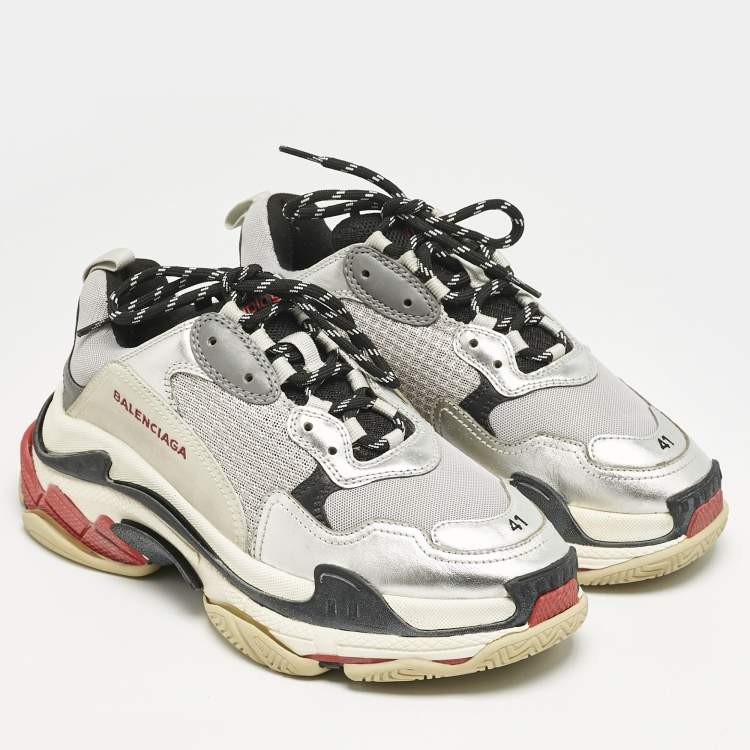 Pre Owned Balenciaga Silver Leather and Mesh Triple S Sneakers Size 41