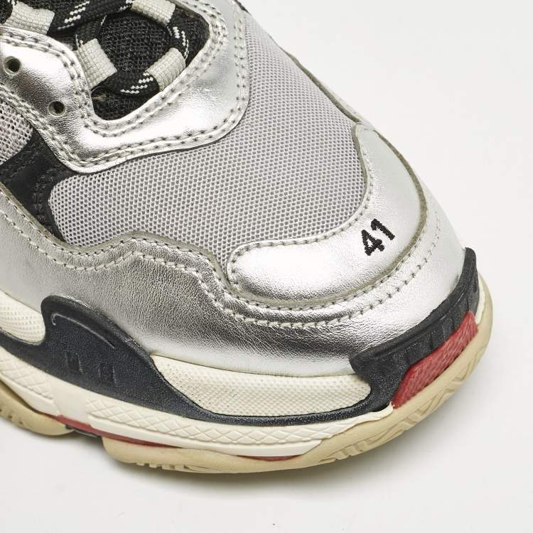 Pre Owned Balenciaga Silver Leather and Mesh Triple S Sneakers Size 41