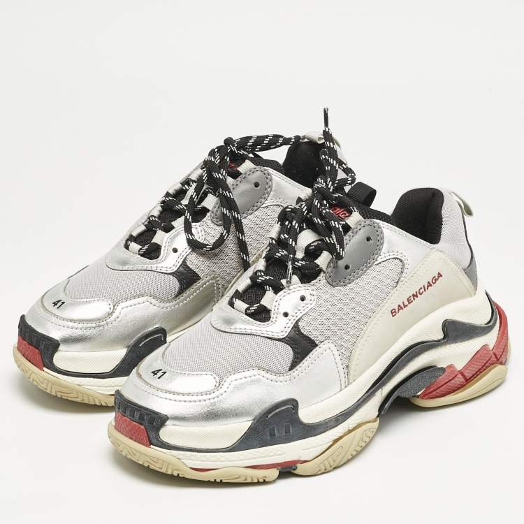 Pre Owned Balenciaga Silver Leather and Mesh Triple S Sneakers Size 41