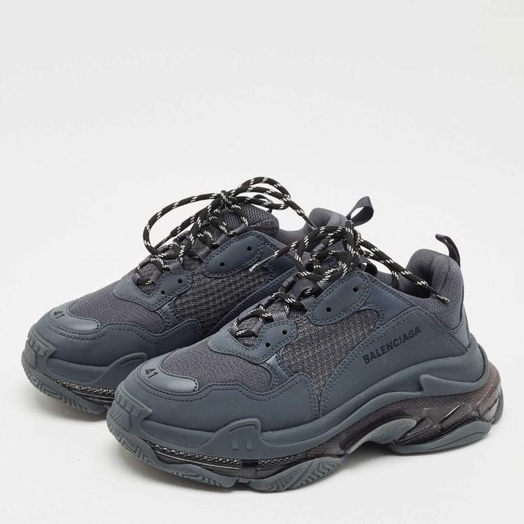 Pre Owned Balenciaga Navy Blue Faux Leather and Mesh Triple S Clear Sole Sneakers Size 41