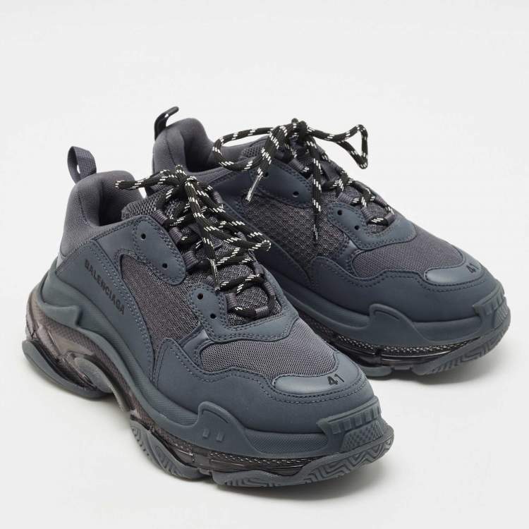 Pre Owned Balenciaga Navy Blue Faux Leather and Mesh Triple S Clear Sole Sneakers Size 41