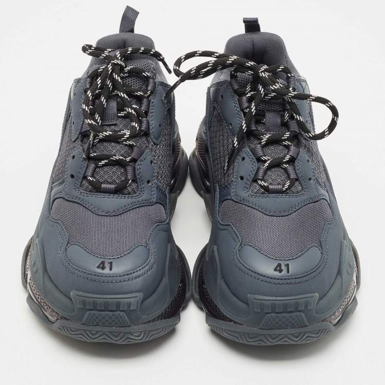 Pre Owned Balenciaga Navy Blue Faux Leather and Mesh Triple S Clear Sole Sneakers Size 41