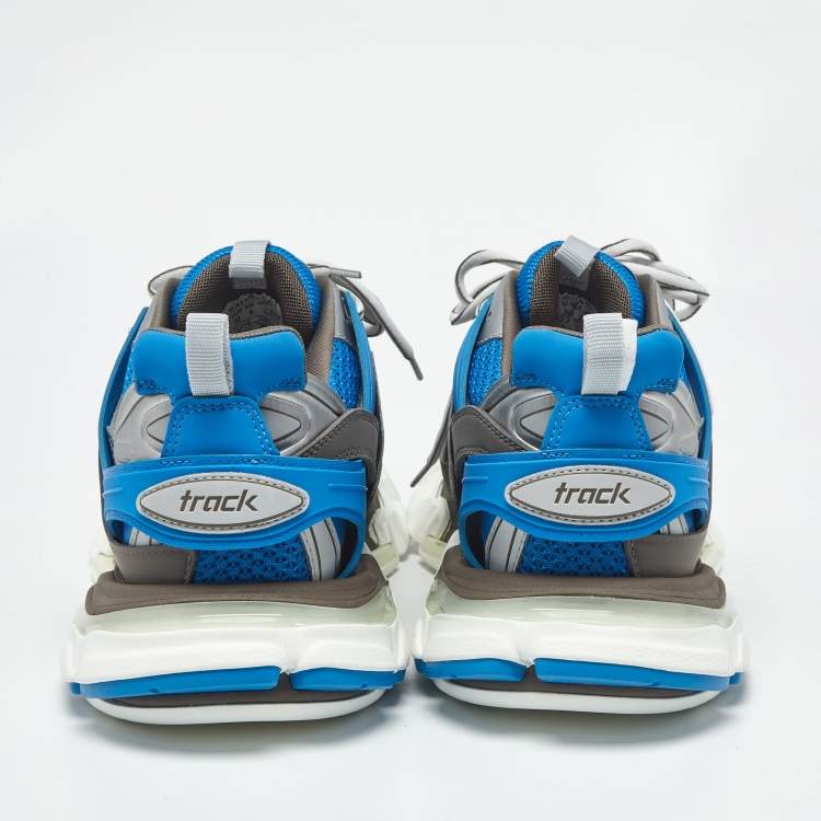Pre Owned Balenciaga Blue/Grey Faux Leather and Mesh Track Sneakers Size 42