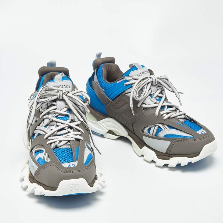 Pre Owned Balenciaga Blue/Grey Faux Leather and Mesh Track Sneakers Size 42