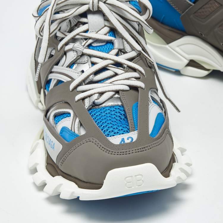 Pre Owned Balenciaga Blue/Grey Faux Leather and Mesh Track Sneakers Size 42