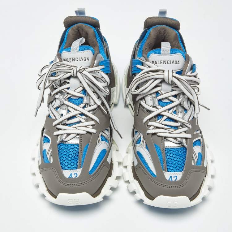 Pre Owned Balenciaga Blue/Grey Faux Leather and Mesh Track Sneakers Size 42