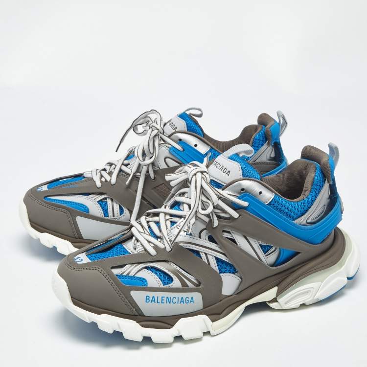 Pre Owned Balenciaga Blue/Grey Faux Leather and Mesh Track Sneakers Size 42