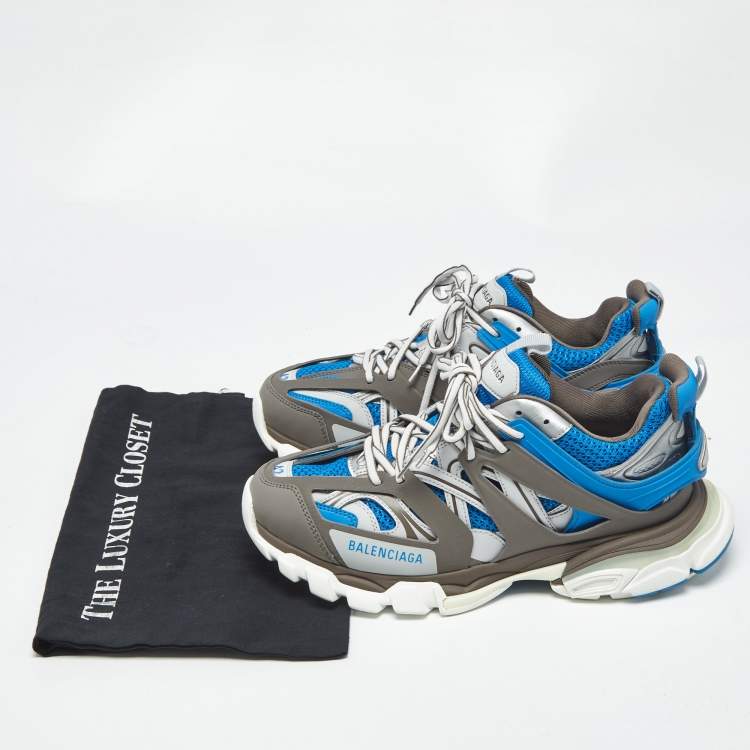 Pre Owned Balenciaga Blue/Grey Faux Leather and Mesh Track Sneakers Size 42