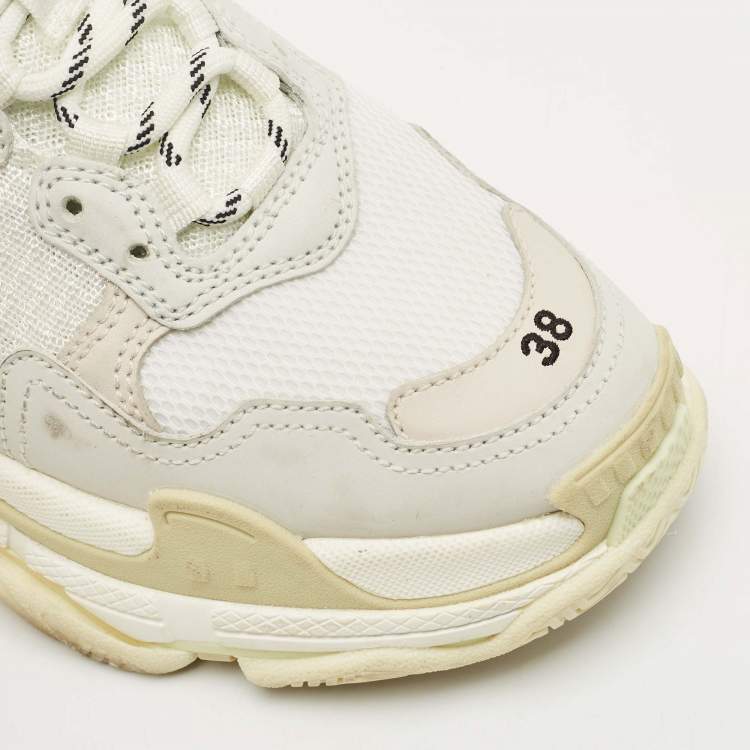 Pre Owned Balenciaga White Leather and Mesh Triple S Sneakers Size 38