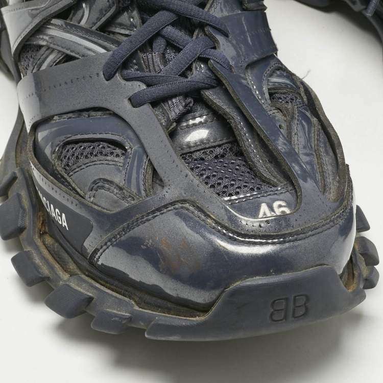 Pre Owned Balenciaga Navy Blue Faux Leather and Mesh Track Sneakers Size 46