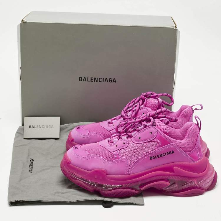 Pre Owned Balenciaga Pink Faux Leather and Mesh Triple S Clear Sole Low Top Sneakers Size 42