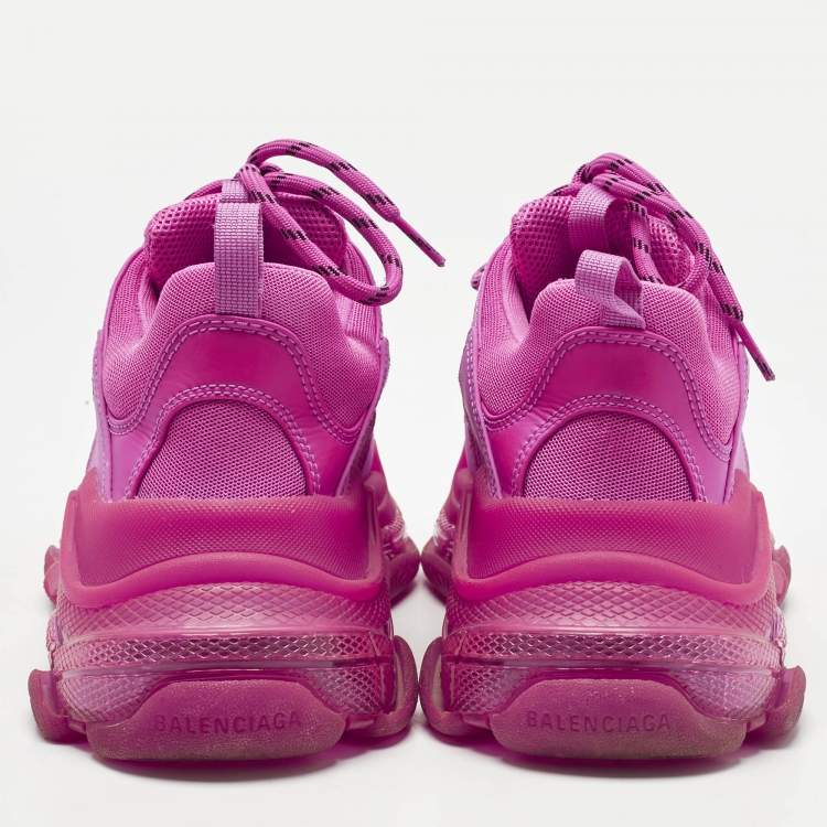 Pre Owned Balenciaga Pink Faux Leather and Mesh Triple S Clear Sole Low Top Sneakers Size 42