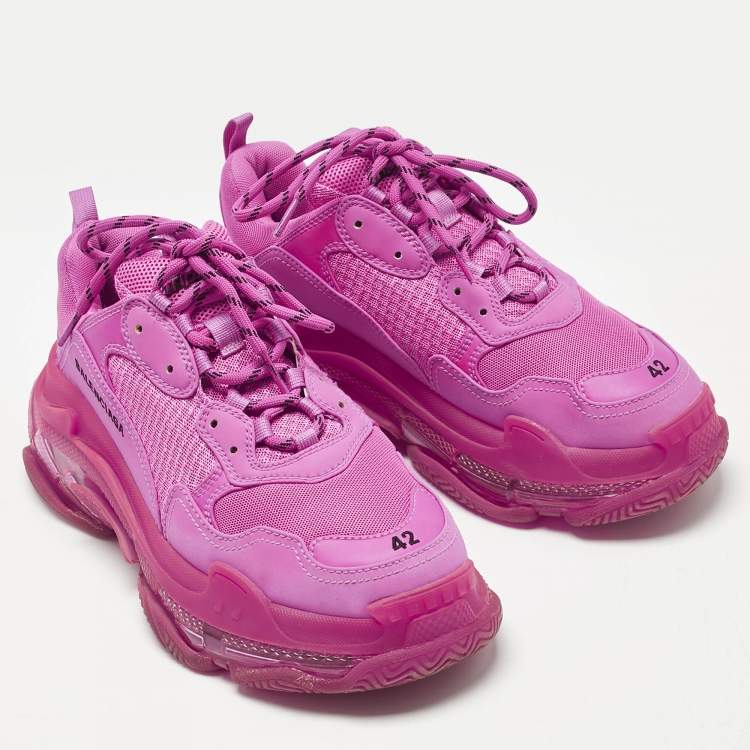 Pre Owned Balenciaga Pink Faux Leather and Mesh Triple S Clear Sole Low Top Sneakers Size 42