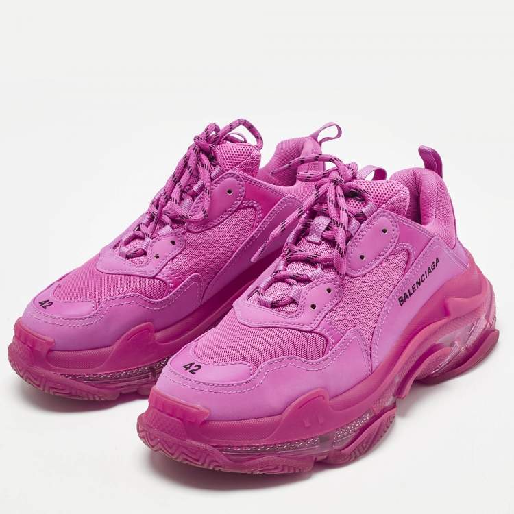 Pre Owned Balenciaga Pink Faux Leather and Mesh Triple S Clear Sole Low Top Sneakers Size 42
