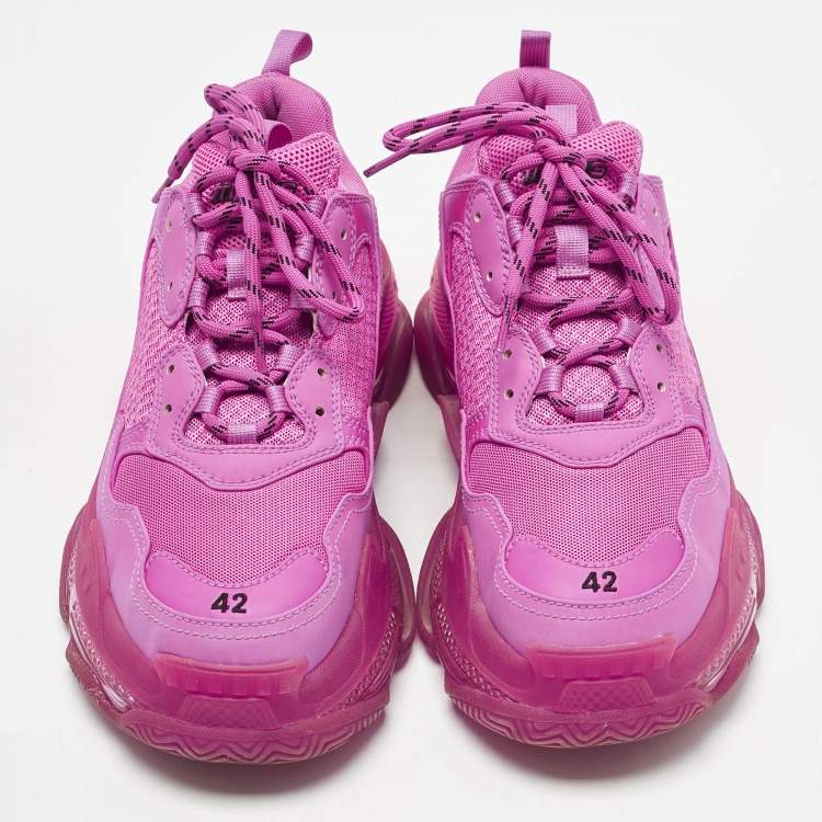 Pre Owned Balenciaga Pink Faux Leather and Mesh Triple S Clear Sole Low Top Sneakers Size 42