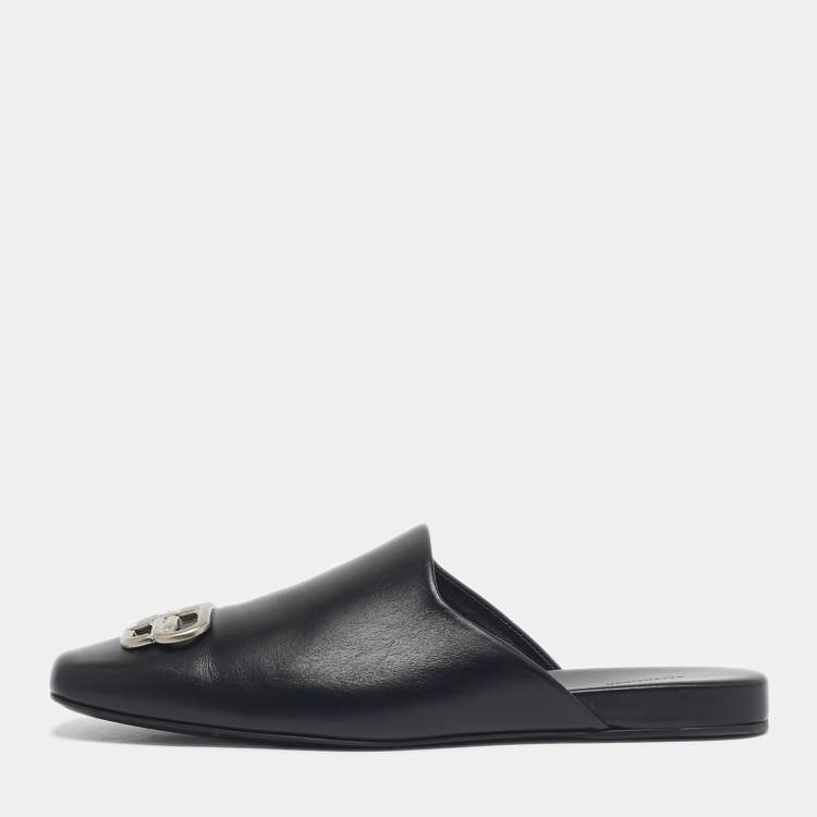 Pre Owned Balenciaga Black Leather Cosy BB Flat Mules Size 42