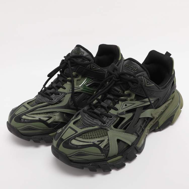 Pre Owned Balenciaga Green/Black Faux Leather and Mesh Track 2 Sneakers Size 44
