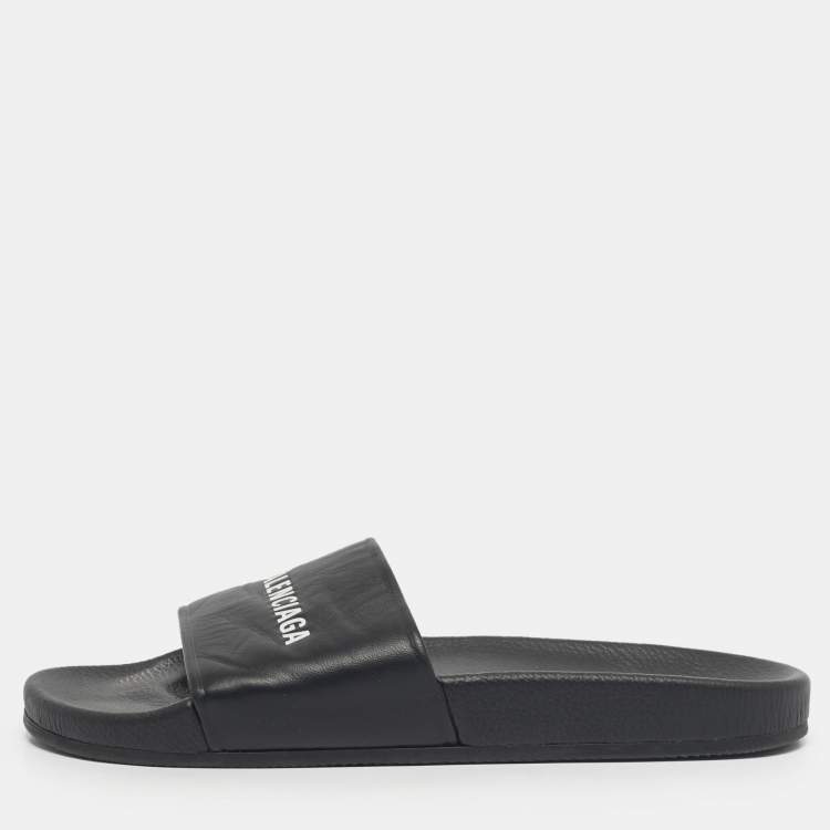 Pre Owned Balenciaga Black Leather pool Slide Size 45