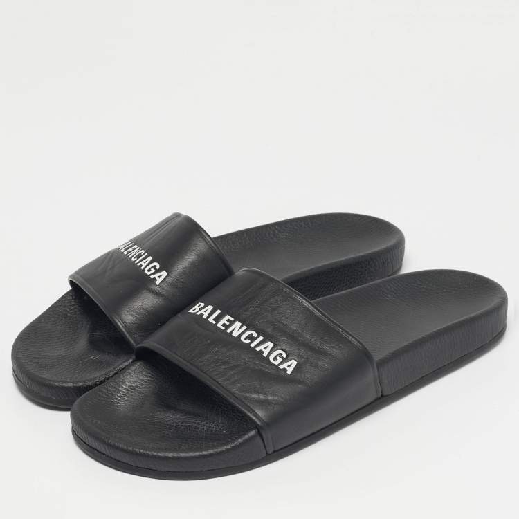 Pre Owned Balenciaga Black Leather pool Slide Size 45