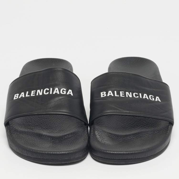 Pre Owned Balenciaga Black Leather pool Slide Size 45