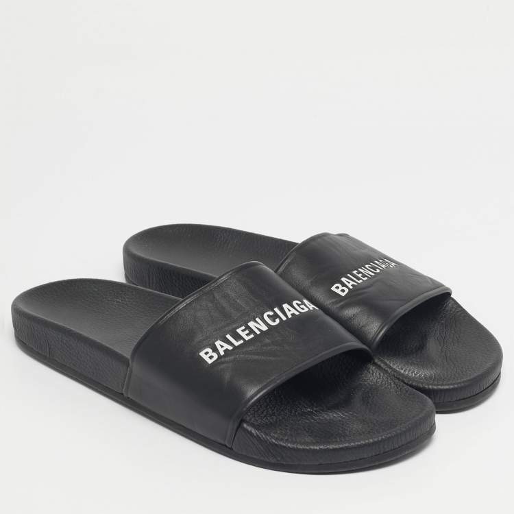 Pre Owned Balenciaga Black Leather pool Slide Size 45