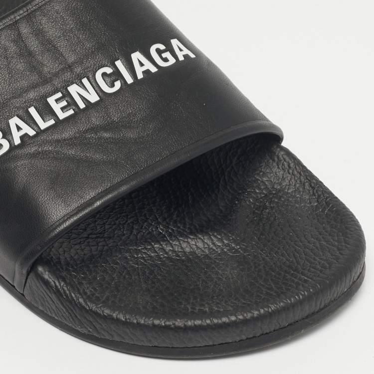 Pre Owned Balenciaga Black Leather pool Slide Size 45