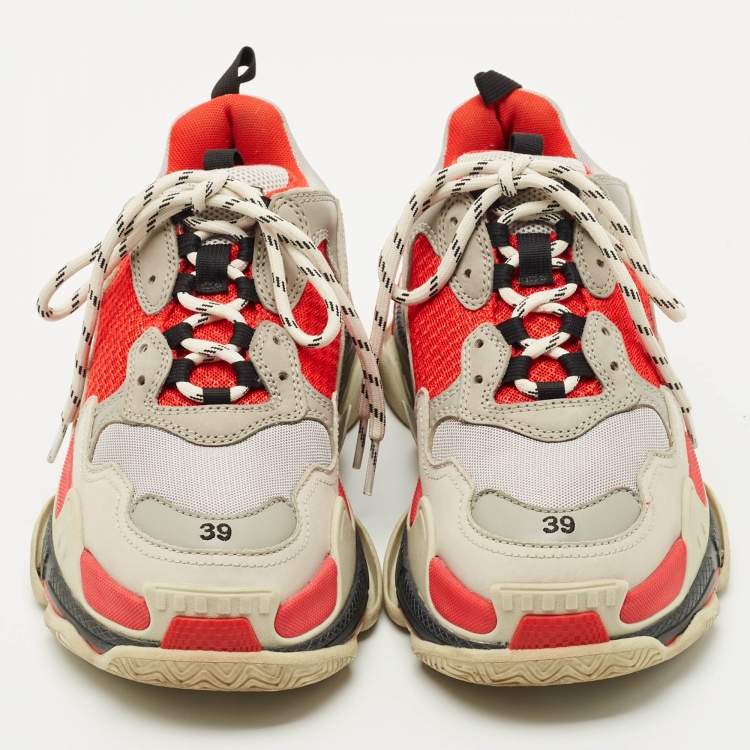 Pre Owned Balenciaga Grey/Red Leather and Mesh Triple S Sneakers Size 39
