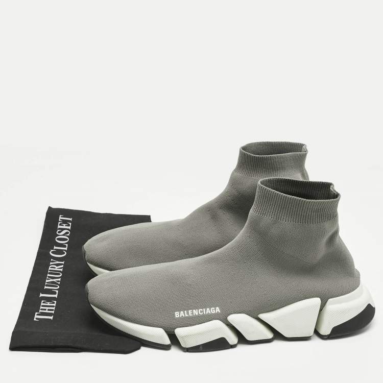 Pre Owned Balenciaga Grey Knit Fabric Speed Trainer High Slip On Sneakers Size 47