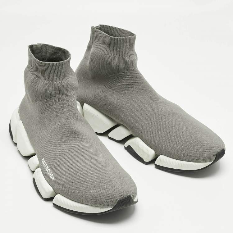 Pre Owned Balenciaga Grey Knit Fabric Speed Trainer High Slip On Sneakers Size 47