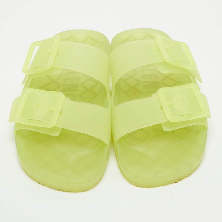 Pre Owned Balenciaga Green Rubber Mallorca Flat Slides Size 42