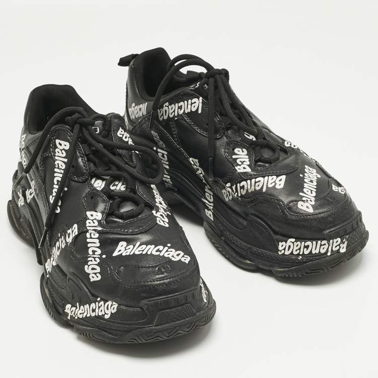 Pre Owned Balenciaga Black Faux Leather Allover Logo Triple S Sneakers Size 43