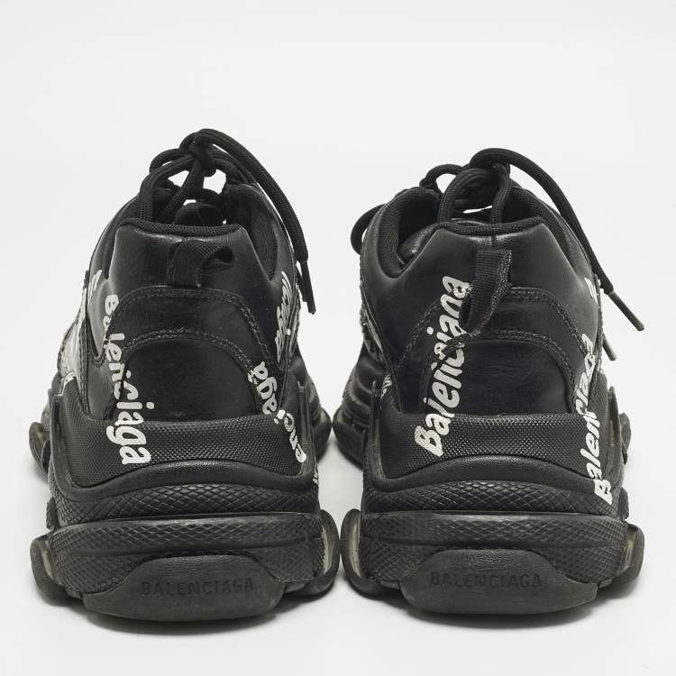 Pre Owned Balenciaga Black Faux Leather Allover Logo Triple S Sneakers Size 43