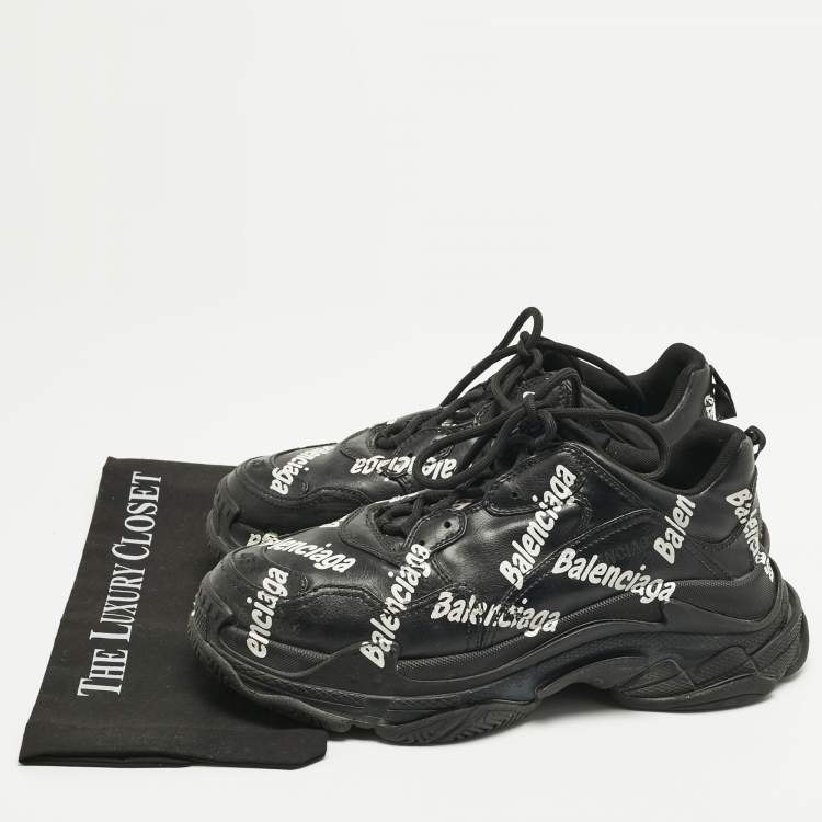 Pre Owned Balenciaga Black Faux Leather Allover Logo Triple S Sneakers Size 43