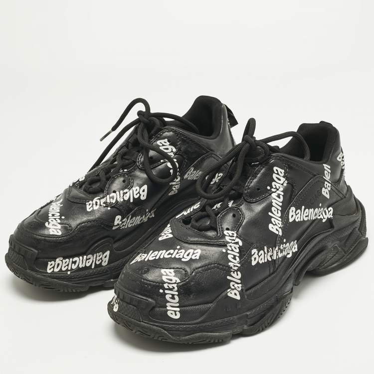 Pre Owned Balenciaga Black Faux Leather Allover Logo Triple S Sneakers Size 43