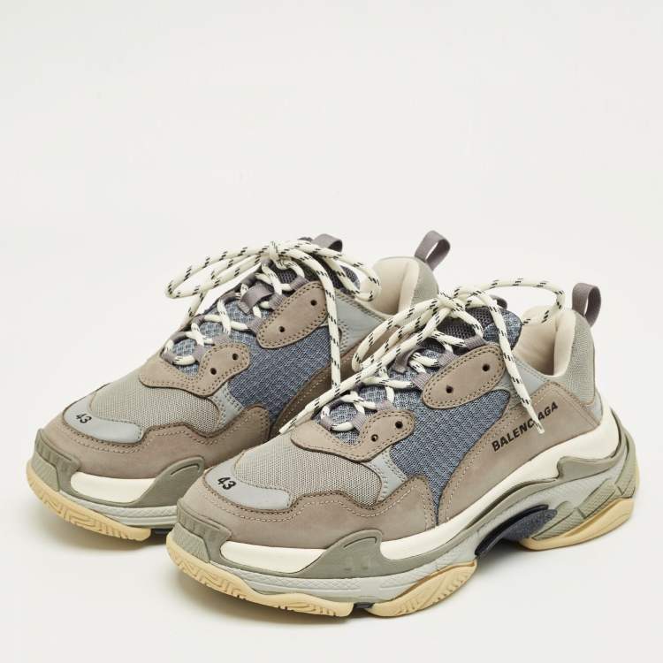 Pre Owned Balenciaga Grey/Blue Mesh and Leather Triple S Sneakers Size 43