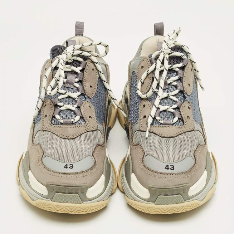 Pre Owned Balenciaga Grey/Blue Mesh and Leather Triple S Sneakers Size 43